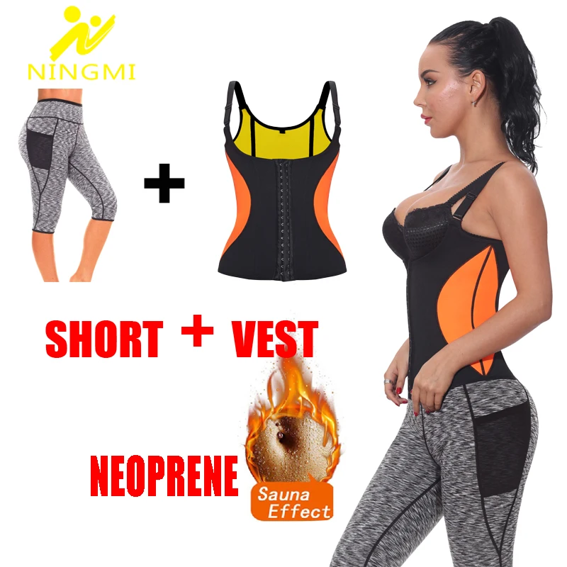 

NINGMI Neopene Sauna Suit Control Panties + Vest Women Waist Trainer Weight Loss Sport Set Shirt Short Butt Lifter Body Shaper