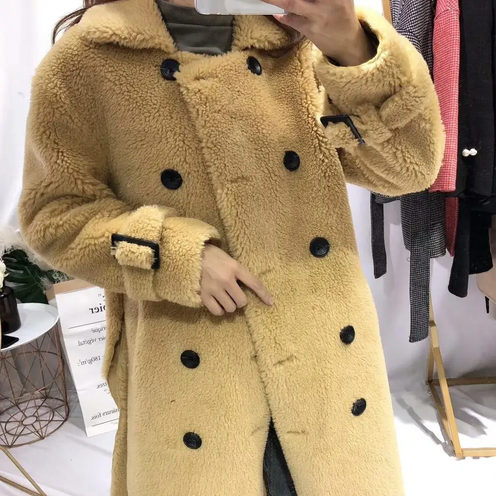 Новое пальто из натурального овечьего меха, женская куртка из натурального овечьего меха с поясом, шерстяное пальто, длина 110 см, больше размера, теплое, большое, F1156 - Цвет: yellow