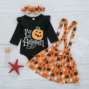 

New Arrival Girl Long Sleeve Jumpsuit set Autumn Halloween Baby Boy Pumpkin Alphabet Print Top Sling Skirts