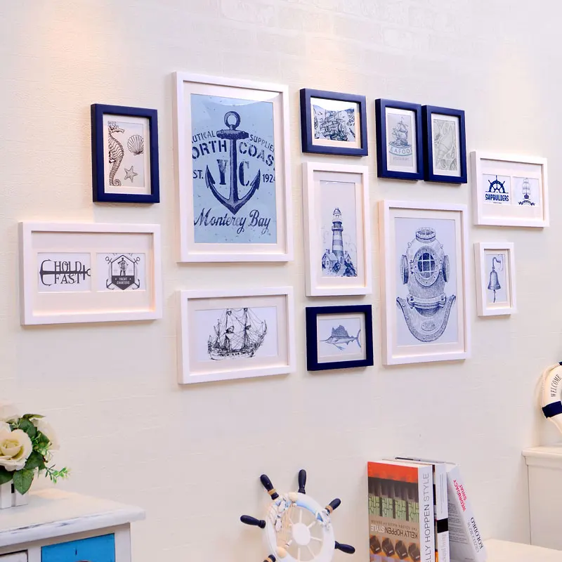 

Ocean Blue White Style Photo Frames Wall 12pcs/set Wall Hanging Photo Frames Set Wooden Picture Frames Set porta retrato moldura