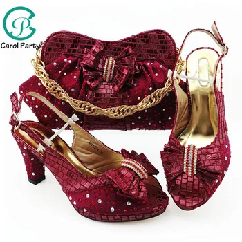 

Wine Color Simulation Leather African shoes and bag set for Party Women Shoes Matching Bag Set Italian shoe with matching bag