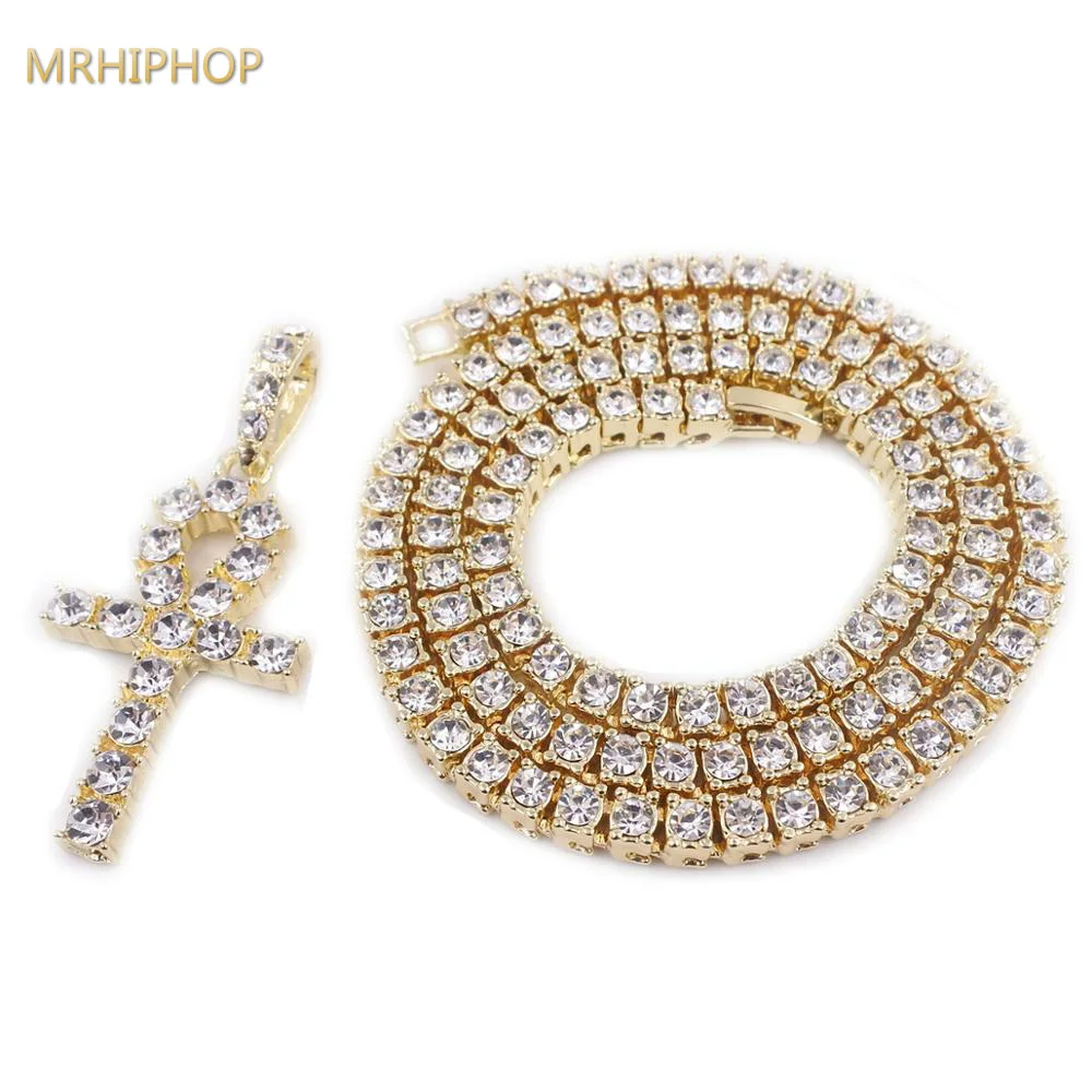 Хип хоп CZ para rap oro hombres de Egipto Ankh Cruz colgante mujeres 5 мм 1 tenis cadena cristal helado plata воротник