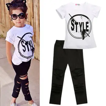 

Toddler Kids Girl Style 2Pcs Set Printing T-shirt Tops Shredded Leggings Pants