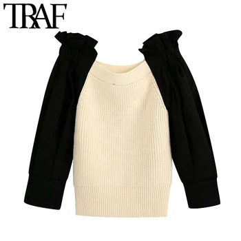 

TRAF Women Fashion Patchwork Cropped Knitted Sweater Vintage O Neck Three Quarter Sleeve Female Pullovers Chic Tops