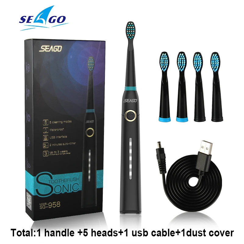Black SEAGO звуковая электрическая зубная щетка для взрослых, USB перезаряжаемая, обновленная, ультра звуковая зубная щетка с водонепроницаемой, здоровый подарок для путешествий, SG958 - Цвет: Black