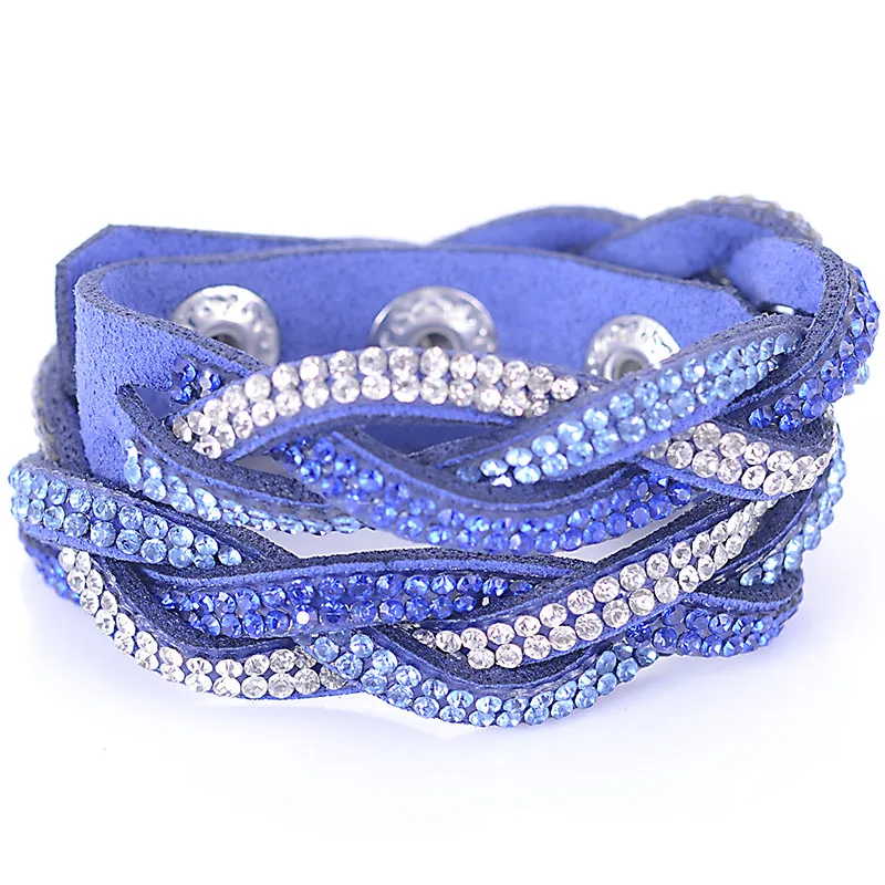 Miasol קלוע זמש עור זוגי גלישת צמיד עם Biling קריסטל ריינסטון עטוף צמיד Armband עבור נשים מתנה