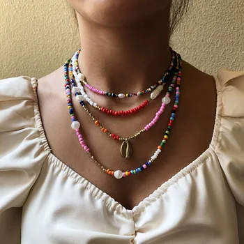 

2020 Bohemian Holiday Rice Beads Necklace Female Fashion National Style Imitation Pearl Clavicle Chain Pendant Necklace Jewelry
