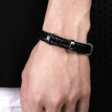 Кожаные браслеты ручной работы Классический мужской браслет двойной круг кожаный цепной браслет из нержавеющей стали с пряжкой мужские браслеты