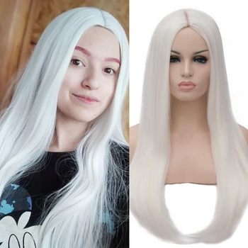 

GAKA Women Long Straight Cosplay Wig Black Synthetic White Red Cos Middle Part Line African American