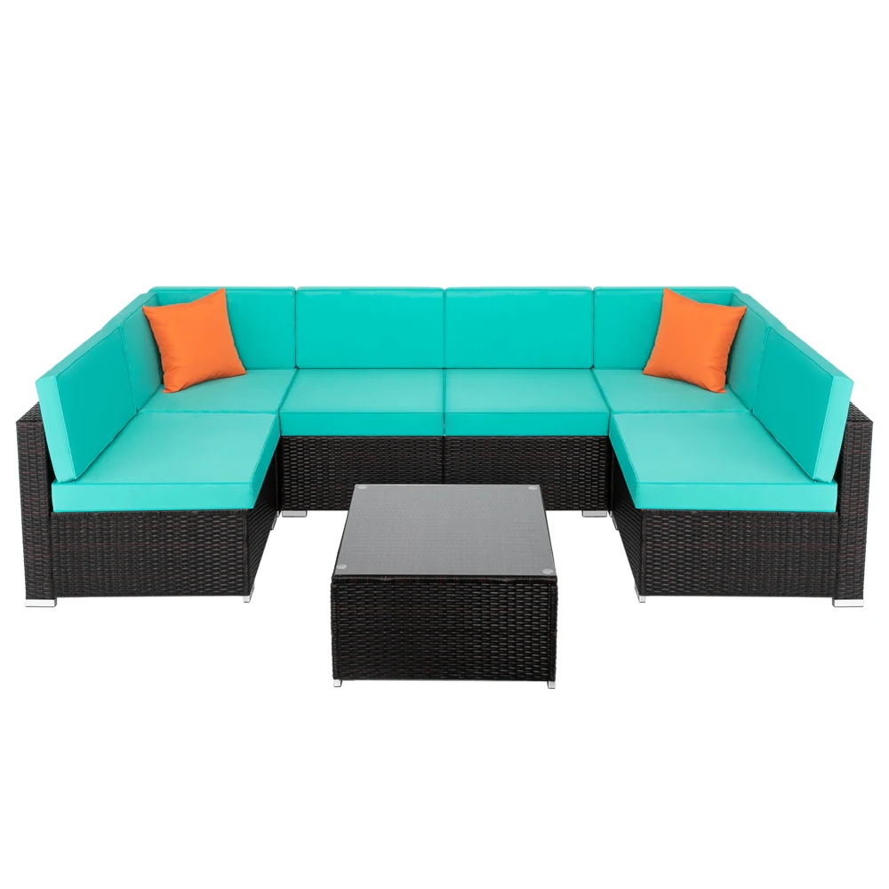 

7PCS Outdoor Rattan Wicker Conversation Furniture Set,All Weather Coffee Table Rattan Garden Sofa Set Sectional Couch,Long Seat