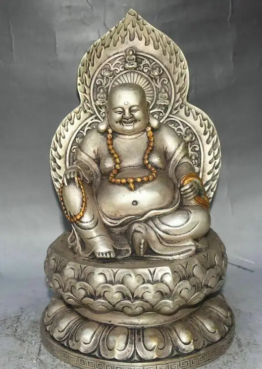 11&quot Old China Silver Gilt Buddhism Seat Lotus Happy Laugh Maitreya Buddha Statue | Дом и сад