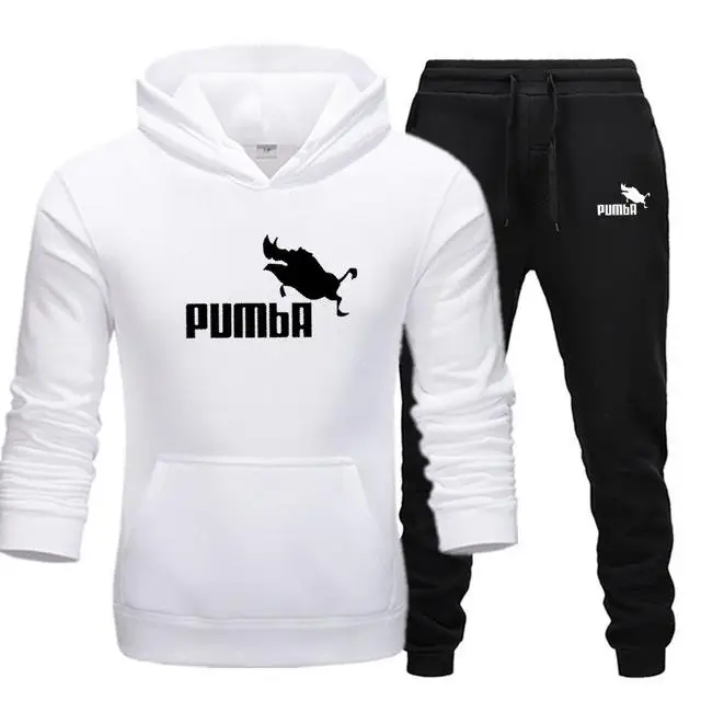 Брендовый спортивный костюм с принтом Пумба, термобелье, мужские спортивные комплекты, флисовая плотная толстовка с капюшоном+ штаны, спортивный костюм, Malechandal Hombr - Цвет: White-black