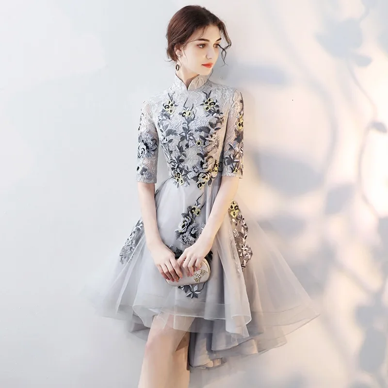 

BGW High Neck Half Sleeves A Line High Low Tulle Evening Dress Two Style Back Design Appliqued Women Dress