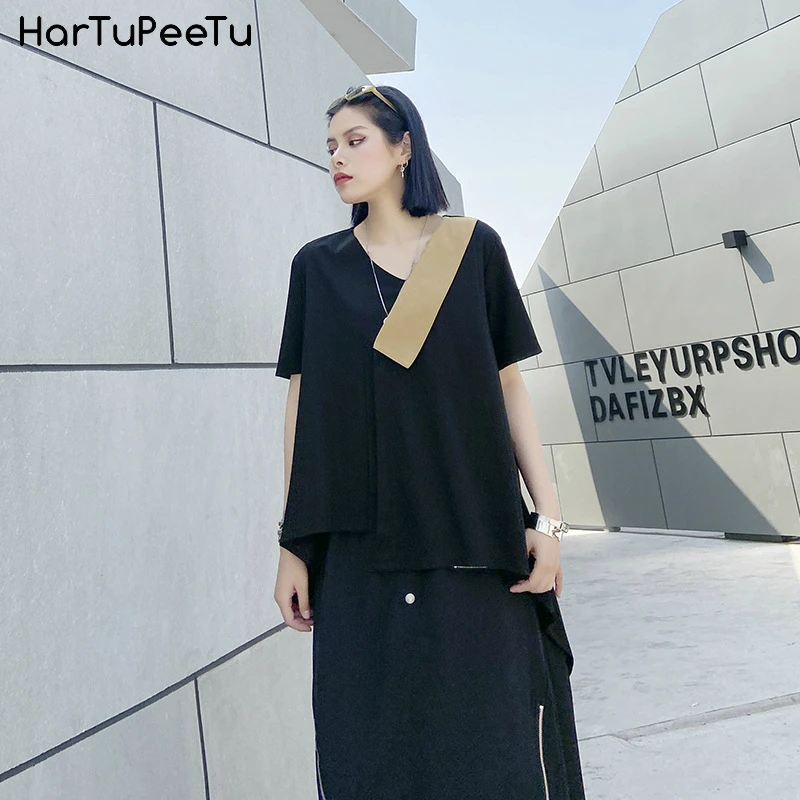 

2020 Summer Casual Shirts Women Short Sleeve Thin Pullover Tops Stylish Plus Size Loose Colour Block V Neck Irregular Hem Blouse