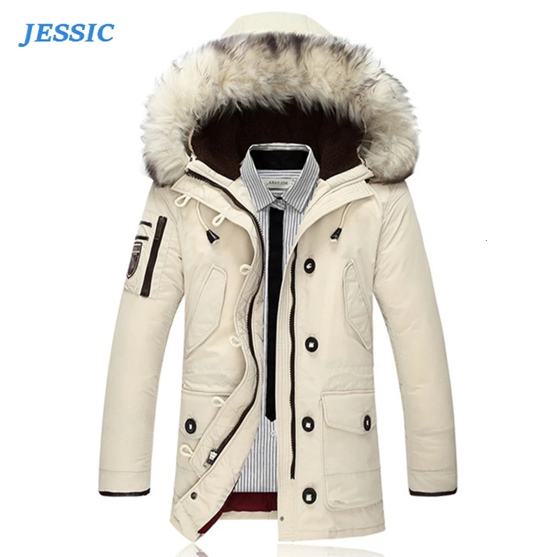 

JESSIC Men Winter Outdoor Warm White Duck Down Jacket Parkas Men Fashion Casual Big Fur Collar Thicken Hooded Jackets Coats Men
