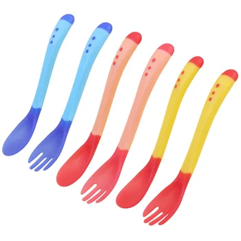 

6pcs Baby Tableware Spoon Fork Temperature Sensing Spoon Fork Colorful Baby Tableware for Girl Boy (Blue Spoon, Pink Spoon, Yell