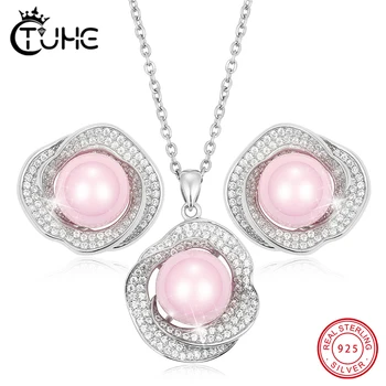 

New 925 Silver Jewelry Sets With Pink Round Ceramic For Women Stud Earrings Pendant Necklace Engagement Ring Sets Wedding Gift