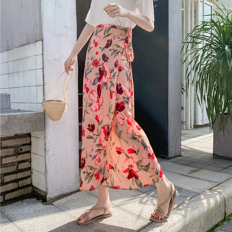 

2019 Women Summer Ankle-Length Skirt Irregular Split Bag Hip Skirt Various Wearing Floral Print Chiffon Slim Bohemian Long Skirt