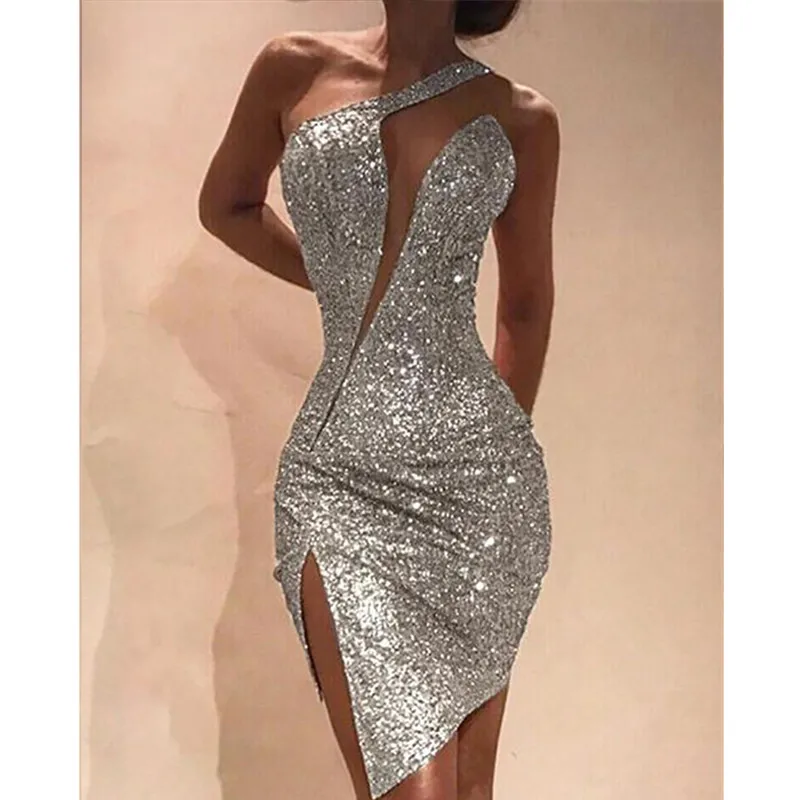 

Sexy Slit Sequins Irregular Short Cocktail Dresses 2021 Illusion Neck Gold Slivery Club Night Women Gown YSAN777