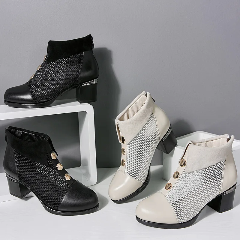 

Spring And Summer Gauze Cool Shoes Women's Tennis Boots Women's Leather Sandals Semi-high Heeled Hight-top Sandal Boots Closed-t