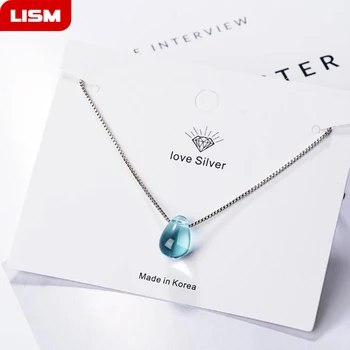 

Literary Blue Crystal Water Drop Pendant Necklaces For Women Short Clavicle Chain Choker Silver Plated Jewelry Girl