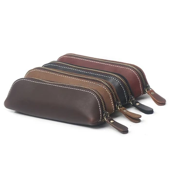 

Handmade Genuine Leather Pencil Bag Vintage Retro Style Cowhide Zipper Pen Case School Bag Glasses Case Office Stationery Gift