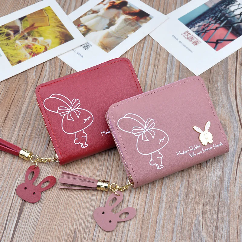 

2020 new small wallet women's short student zipper fringed rabbit wallet fashion Korean version change bag