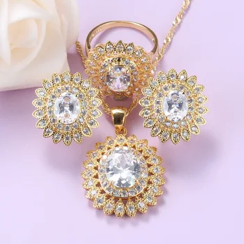 

African Wedding Sunflower Jewelry Set With White Stone CZ Crystal Clip Earrings An Necklace Sets For Women Gold-Color Costume