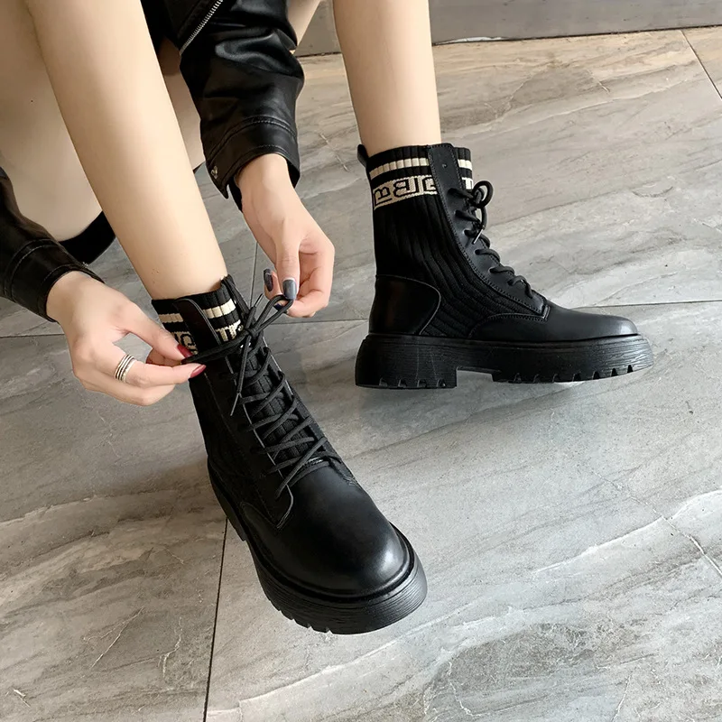 

2019 Autumn And Winter New Style Fly Woven Lace-up Breathable Women's Mid-top Martin Boots Anti-slip Fight Skin round-Toe Korean