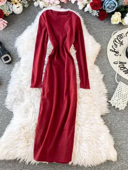 

2019 Autumn and Winter New Korean Simple Solid-color Long-sleeve Slim Knitted Sweater Dress Women Vestidos
