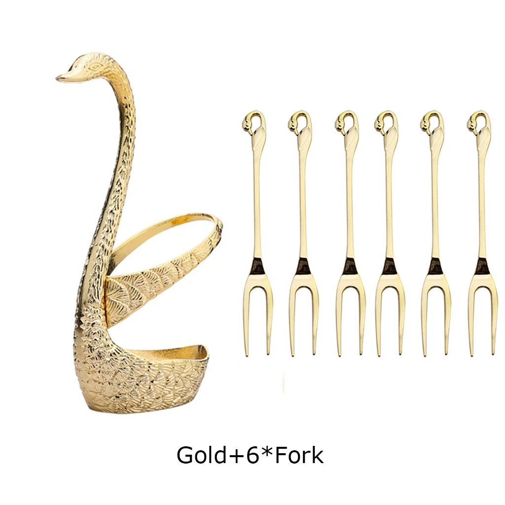 Gold 1swan-6fork Креативный 7 шт. Лебедь подставка для фруктов набор вилок из нержавеющей стали салат десерт вилки кофе ложка торт посуда для дома FJ29 - Цвет: Gold 1swan-6fork
