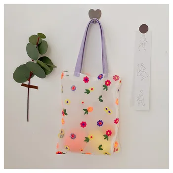 

NEW Embroidered Portable Shopping Bag Translucent Small Mesh Bag Reusable Foldable Eco Grocery Totes Women Clear Storage Handbag