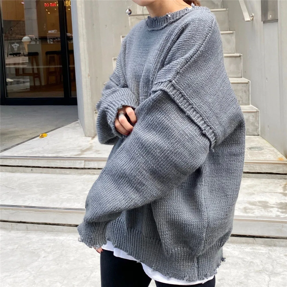 

Casual Autumn Two-wear Knitted Cardigan With Raw Edge Personality Simple Women Loose Sweater Tide Trendy Female Fashion Top