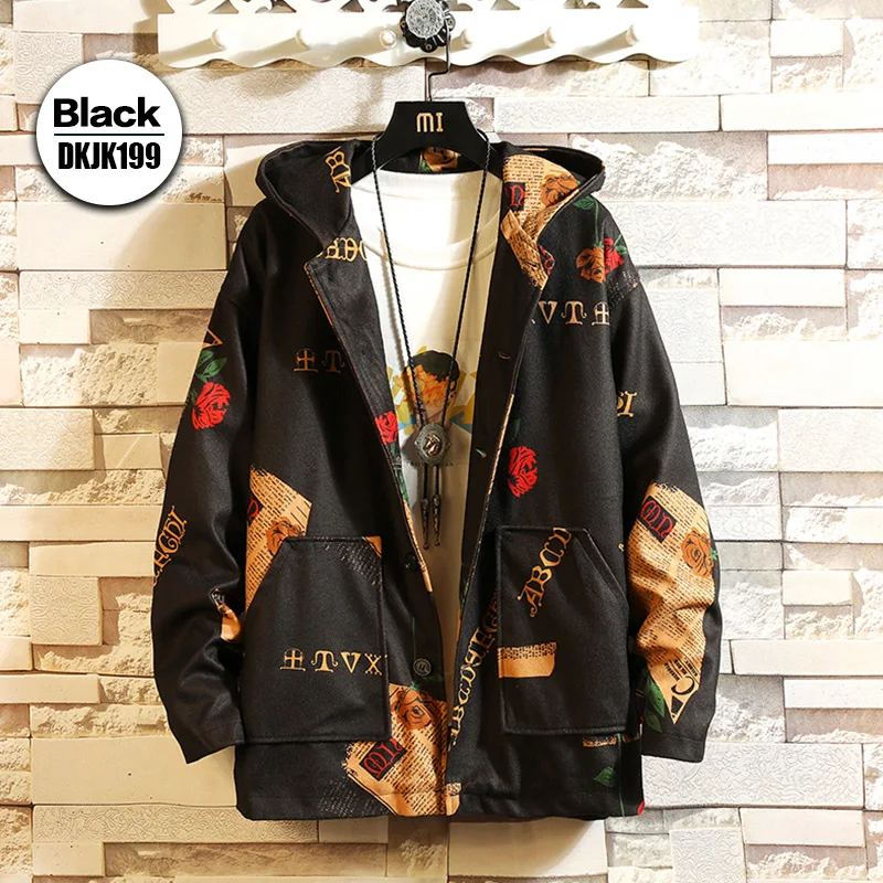 JK199 Black BQODQO Fishbone принт хип-хоп Повседневная куртка пальто для мужчин мужской осенний Военный стиль куртка с капюшоном зимняя армейская камуфляжная куртка - Цвет: JK199 Black