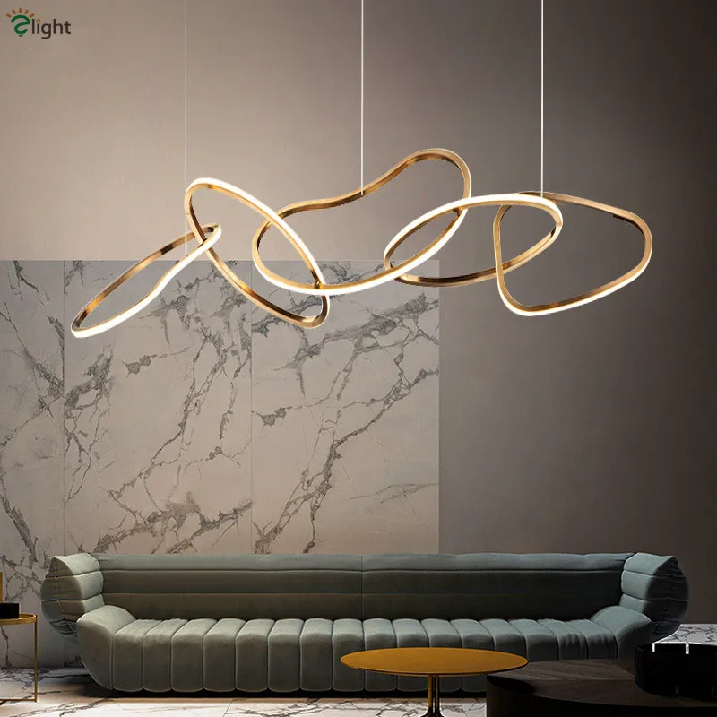 Post Modern Stainless Steel Led Pendant Lights Lustre Gold Rings Led Pendant Lamp Villa Dining Room Adjustable Suspend Lamp afbeelding