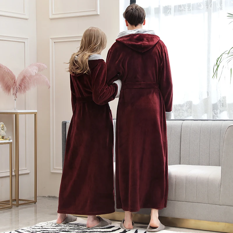 Best Women Winter Super Long Warm Flannel Bathrobe Plus Size Lovers Fur Pink Bath Robe Bride Soft Night Dressing Gown Men Sleepwear