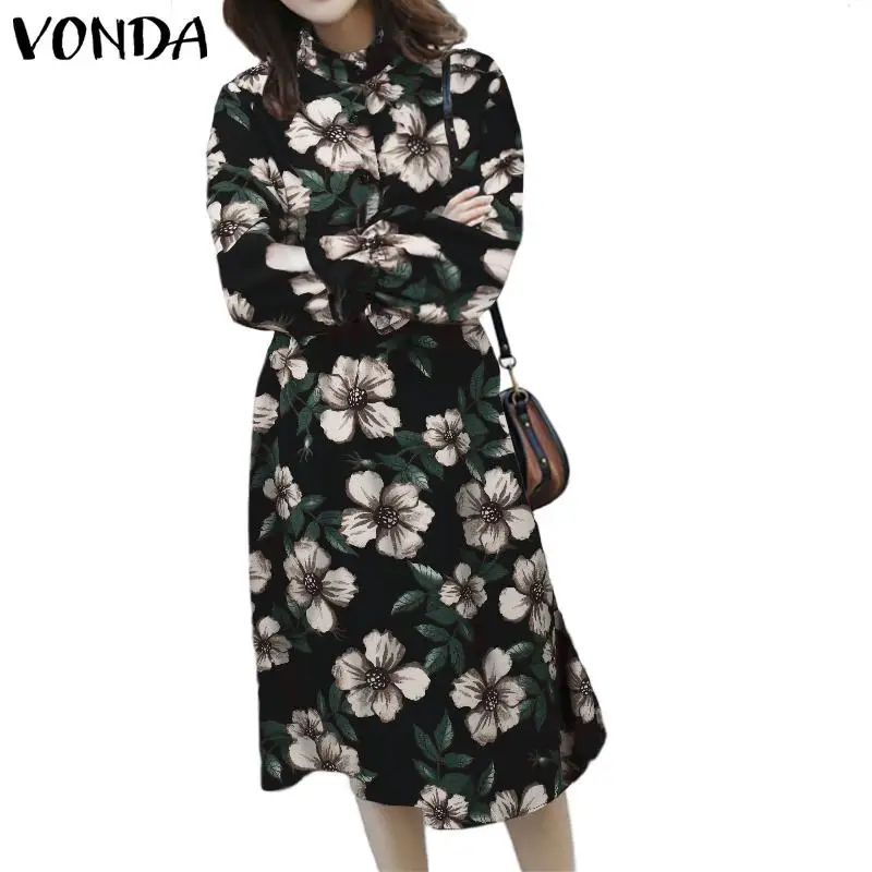 Черный VONDA, винтажное платье для беременных, с цветочным принтом, богемная туника, для девушек, с длинным рукавом, Осенние, макси платья, вечерние, Vestidos 5XL Robe - Цвет: Черный