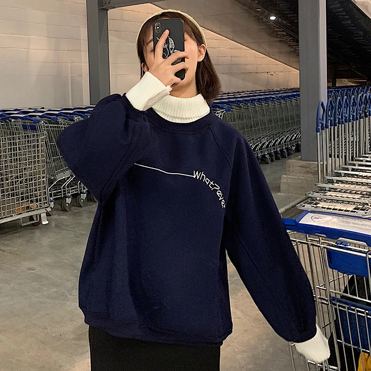 Winter Chic high collar sweatshirt female Harajuku vintage fake two plus velvet new fashion letters casual female ins sweatshirt