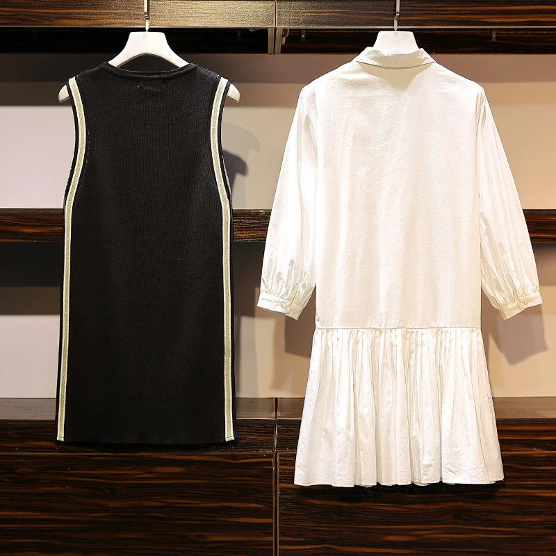 XL-5XL плюс размер женское платье из двух частей осень Мода белый длинный рукав плиссированные рубашки платья и Бисероплетение вязаный жилет