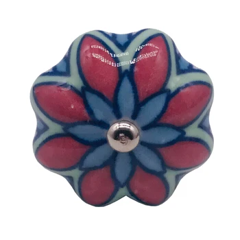 

Set of 6 Pc Handmade Ceramic Cabinet Knobs Boho Room Decor Accessories Blue leaf & Red Floral Decorative Furniture Hardware