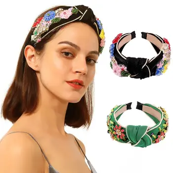 

Palace Wide Headband Colorful Faux Crystal Flower Beaded Knot Velvet Hair Hoop