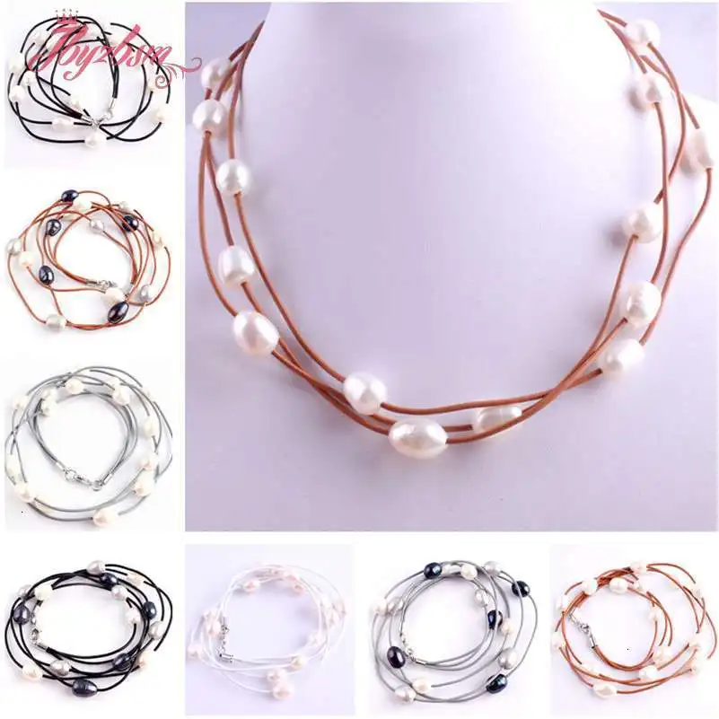 10-12mm Oval Freshwater Pearl Natural Stone Beads For Christmas New Year Gift Jewelry Leather Necklace Lobster Clasp 16