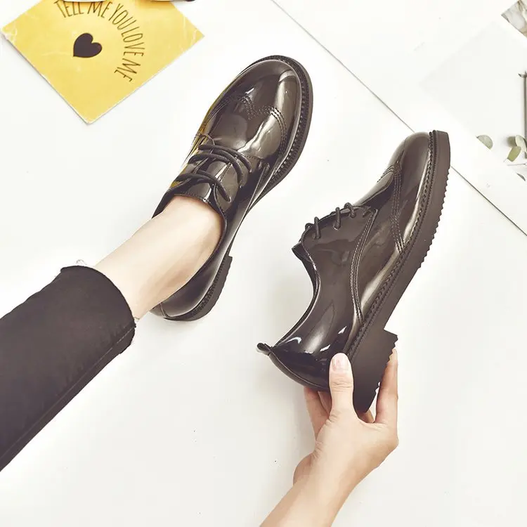 

2019 Spring New Style WOMEN'S Shoes Harajuku Students Lace-up Patent Leather Flat Small Leather Shoes WOMEN'S Thin Shoes