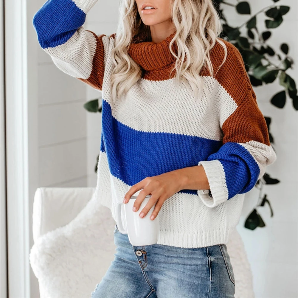 Autumn Winter Striped Turtleneck Sweater Women Full Sleeve Knitted Pullovers and Sweaters Plus Size Warm Jumpers Womens Clothing | Женская