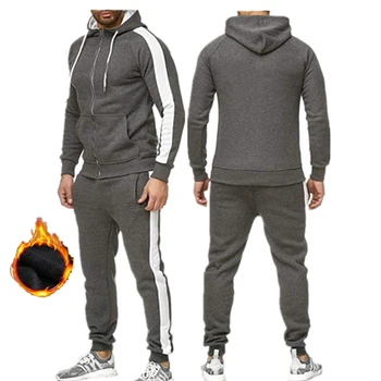 

2019 New Mens Hoodie Suit Zipper Casual Sportswear Sweatshirts two-piece Running Jacket Winter Warm Thicken Hooded Tracksuit