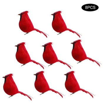 

8pcs Red Feathers Artificial Birds Lifelike Cute Birds Clip On Christmas Tree Ornament Wedding Party Home Decoration