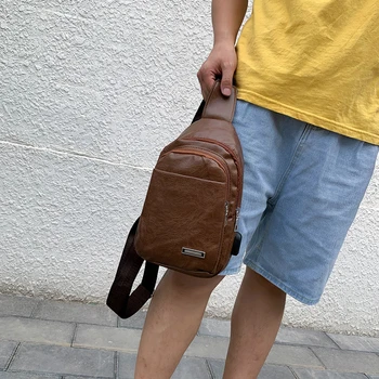 

Vintage Crossbody Bags for Men Birthday Gifts Fashion Solid Fanny Chest Bag Men PU Leather Streetwear Zipper Shoulder Pouch