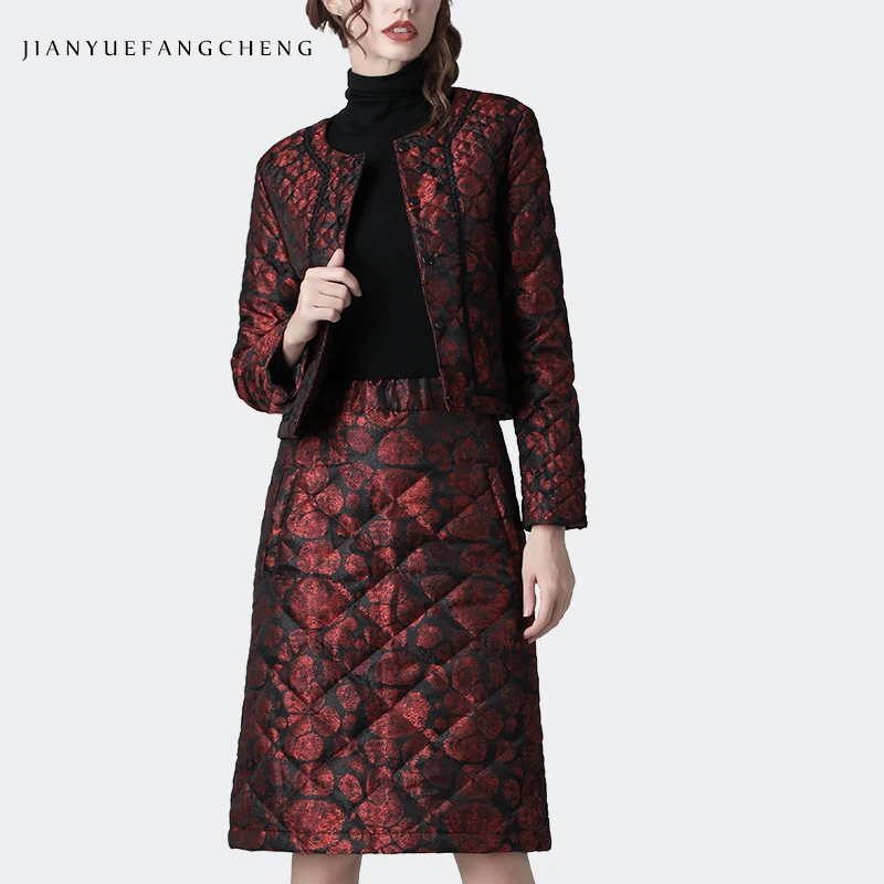 Vintage Floral Print Women Winter Down Jacket Red Slim Short Duck Down Coat Warm Thicken Women' Top Korean Casual Down Jackets