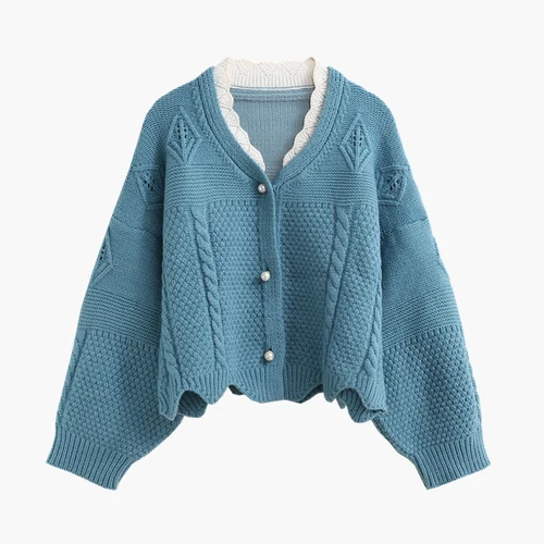 blue Neploe зима кружевной лоскутный свитер с v-образным вырезом куртка модная верхняя одежда толстое теплое пальто Джемперы Женский вязаный кардиган 54585 - Цвет: blue