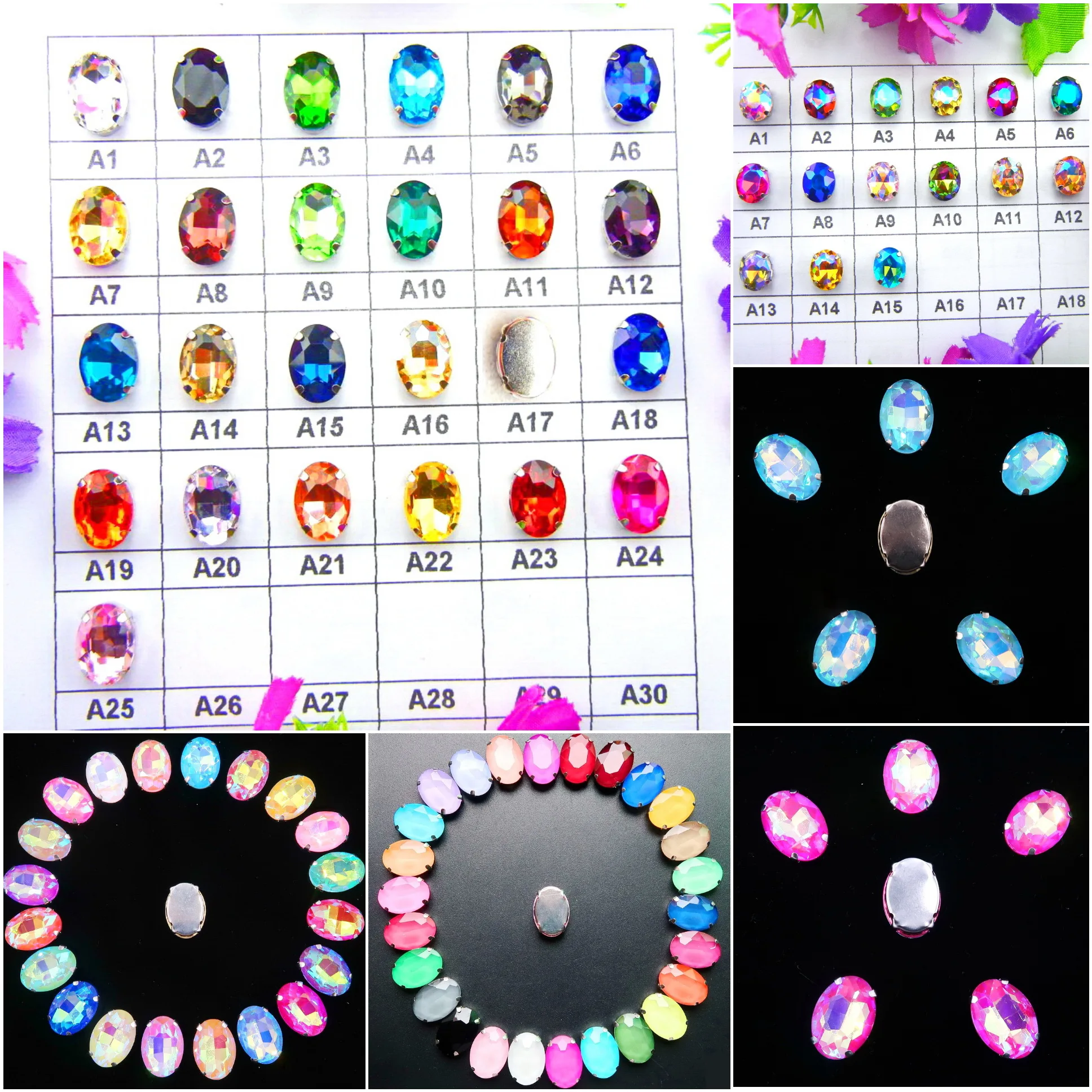 Glass Crystal Silver claw settings 7 Sizes colors mix Oval shape Sew on rhinestone beads crystals garments shoes bag diy trim